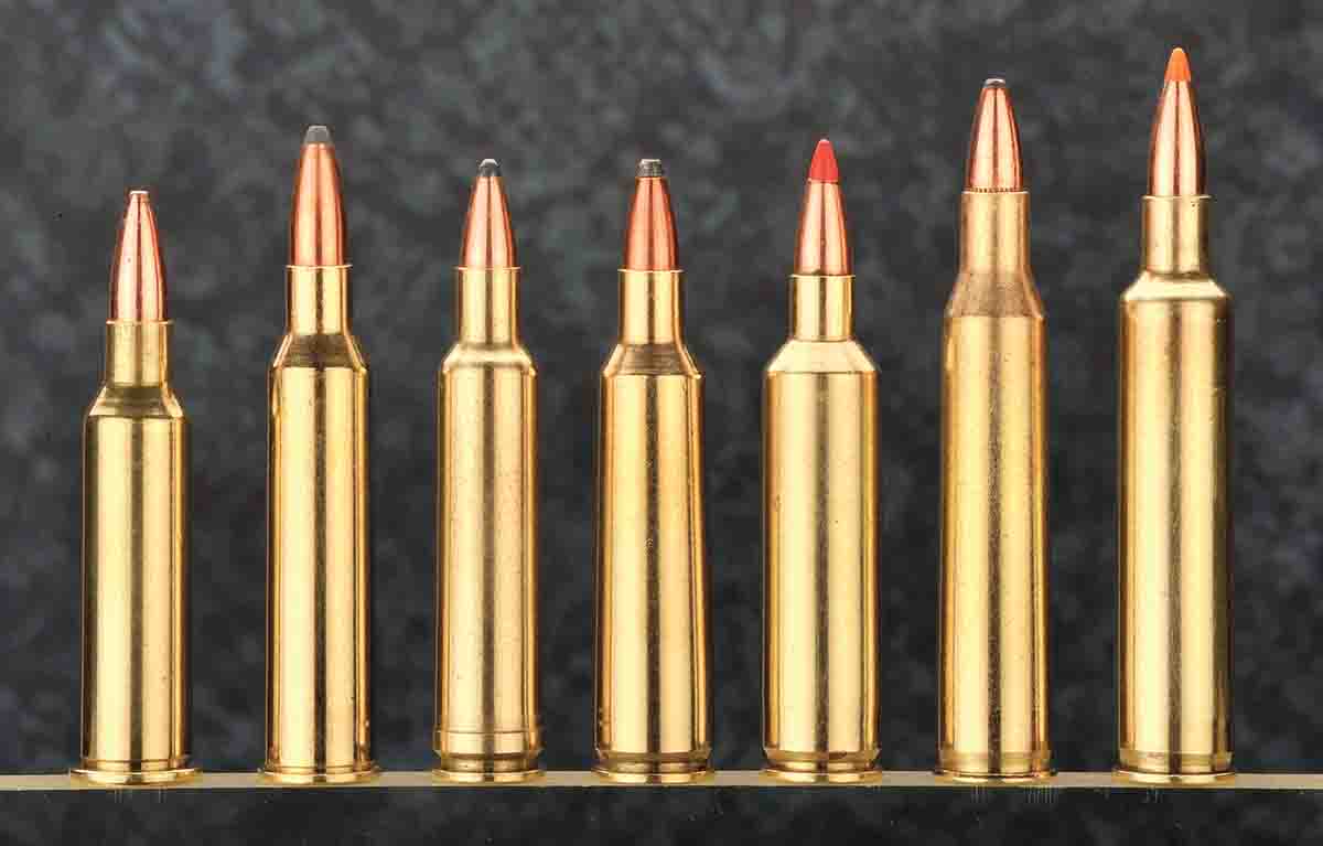 Classic .22-caliber varmint cartridges, from left: .219 Donaldson Wasp, .225 Winchester, .224 Weatherby Magnum, .22-250 Remington, .22-250 Improved, .220 Swift and the .220 Weatherby Rocket.